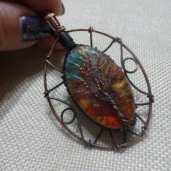 Rustic "OYSTER TURQUOISE" WIRE-WRAPPED TREE Handmade Copper Pendant/Chain #479B - Picture 1 of 3